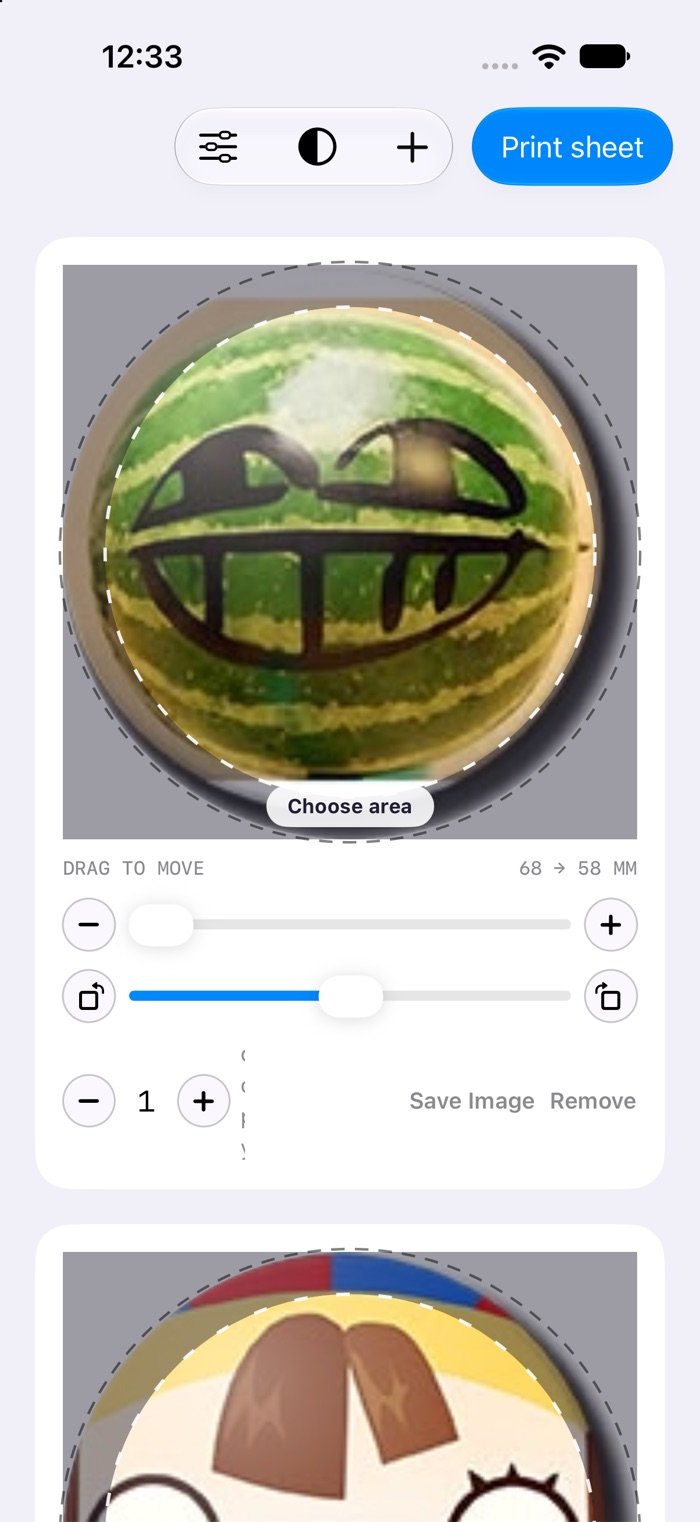 ButtonWrap on iPhone, showing picture cards framed for printing