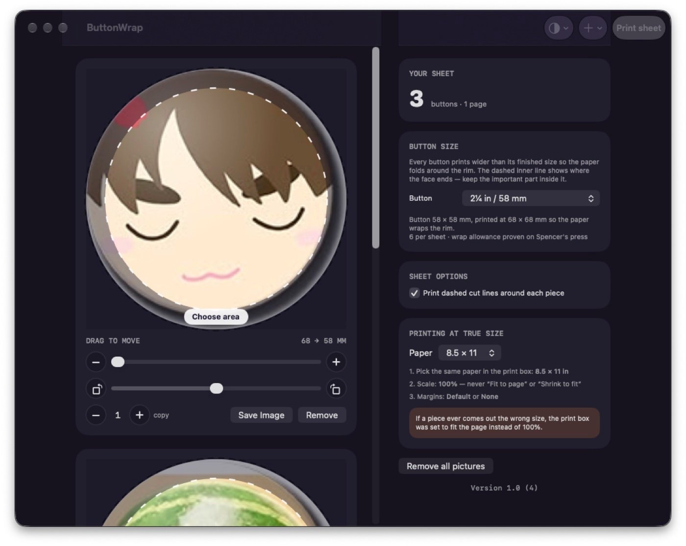 ButtonWrap on the Mac, showing picture cards and the sheet sidebar